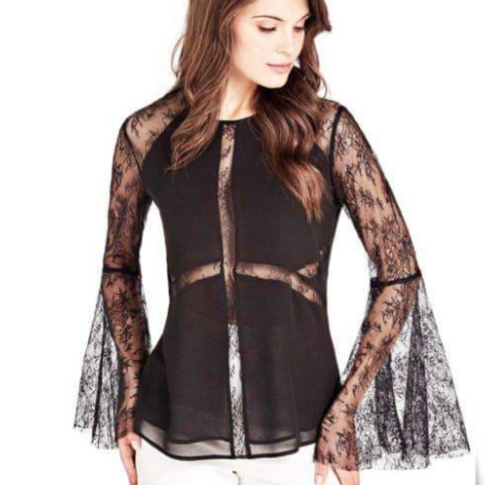 New GUESS BY MARCIANO Lace Sleeve Blouse SZ S
